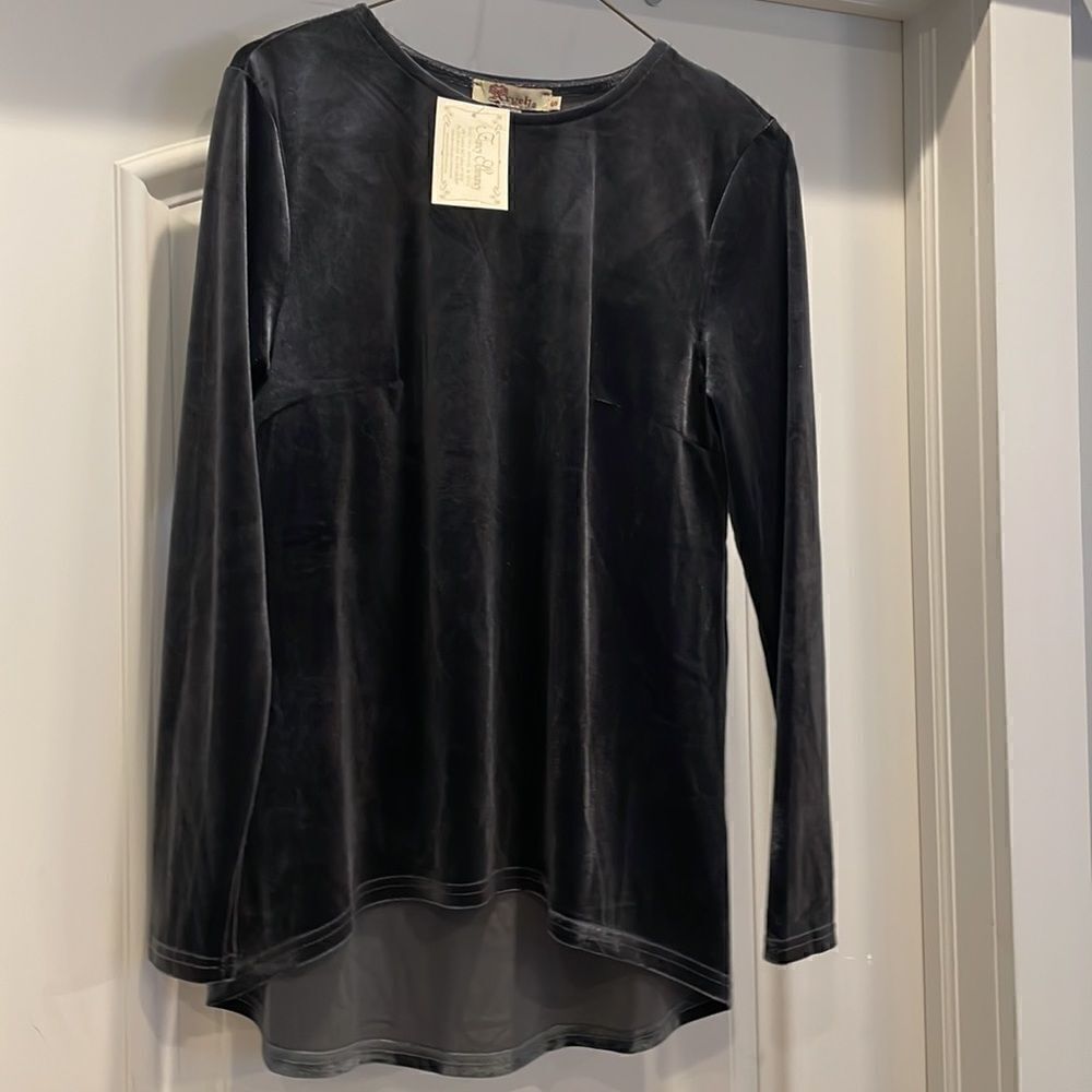 AXYEH BLUE TONES VELOUR BLOUSE.  NEW WITH TAGS - Picture 2 of 13